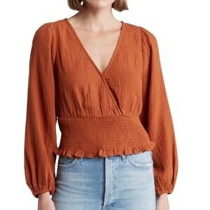 Madewell Julianne Lightspun Smocked Waist Top in Rust Orange size Large